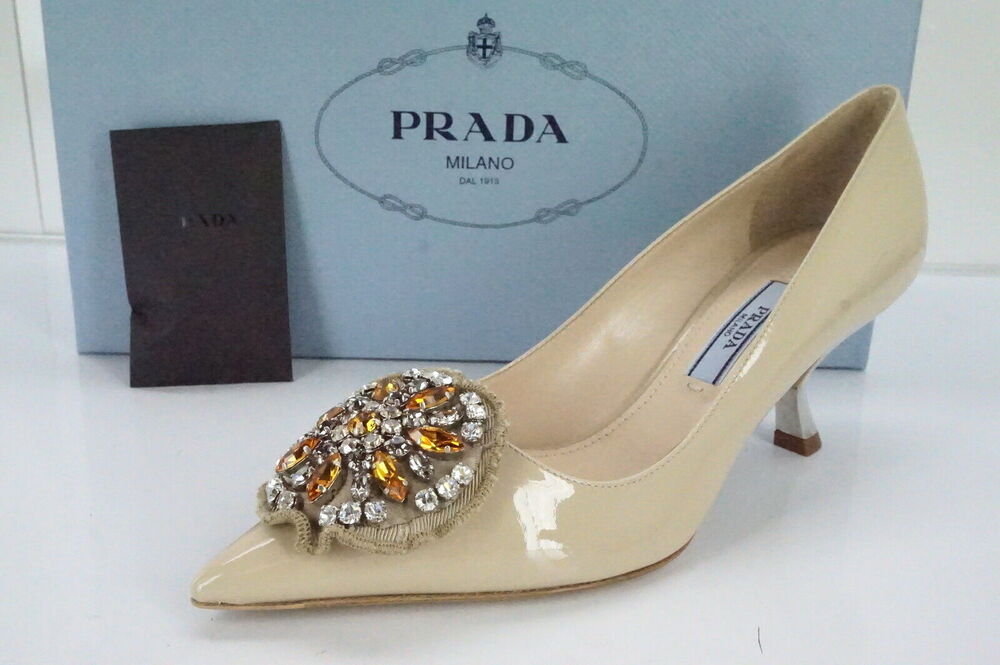 Prada Nude Patent Beaded Broach Mid Heel Pointy Toe Pumps